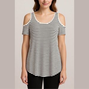 ANTHROPOLOGIE W5 Black White Striped Cold Shoulder High Low Top Women’s Small
